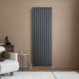 Anthrazitgrauer Gliederheizkörper mit TRV Chromventilen, 1800mm x 600mm, an einer Wand, umgeben von modernem Wohnambiente und Möbeln