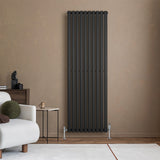 Schwarzer Gliederheizkörper mit TRV Chromventilen, 1800mm x 600mm, an einer modernen Wand, umgeben von einem stilvollen Wohnzimmer-Ambiente