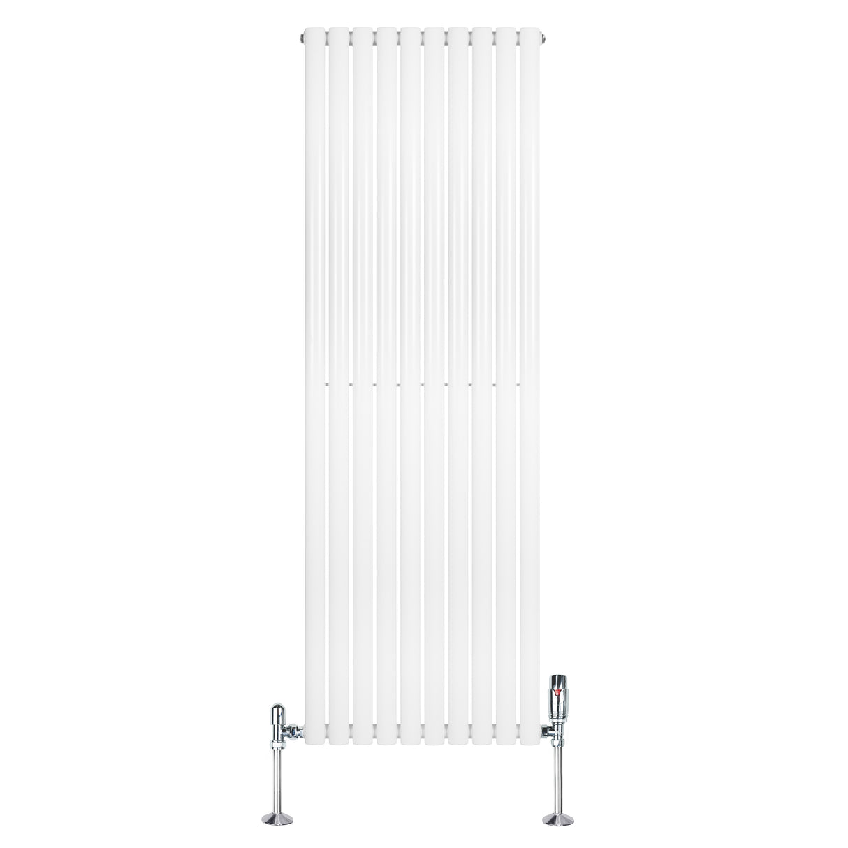 Hochformatiger, weißer Gliederheizkörper mit TRV Chromventilen, 1800mm x 600mm, vertikale Lamellenstruktur und glänzender Oberfläche