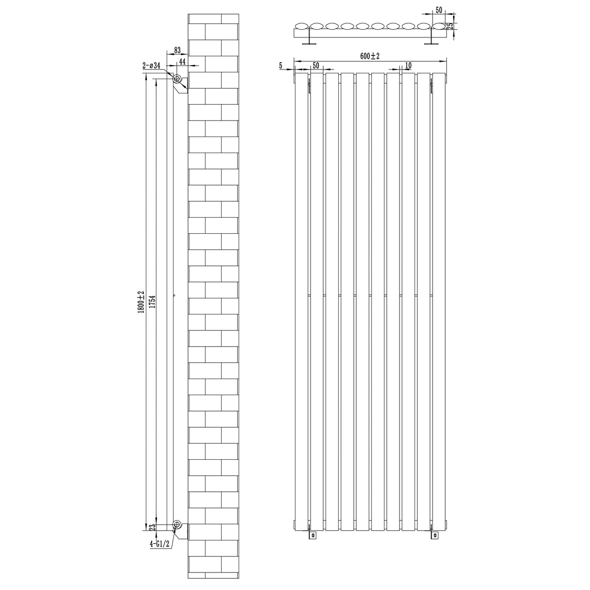 Gliederheizkörper in Weiß mit TRV Chromventilen, Maße 1800mm x 600mm, zeigt vertikale Röhren und präzise technische Zeichnung