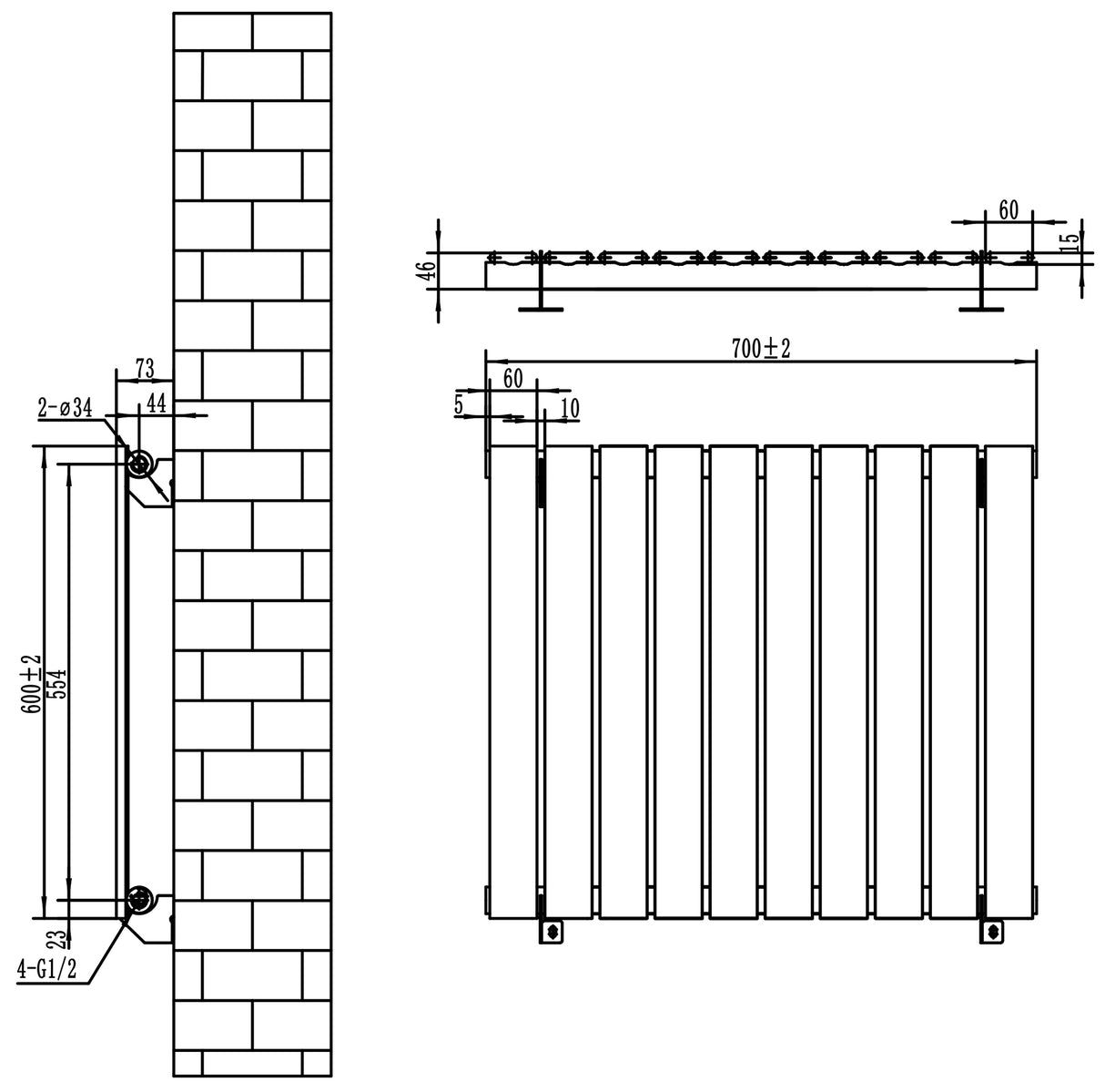 Flachheizkörper in anthrazitgrau, 600mm x 700mm, mit schlanken Lamellen und klaren Linien, ideal für moderne Innenräume und effiziente Wärmeverteilung