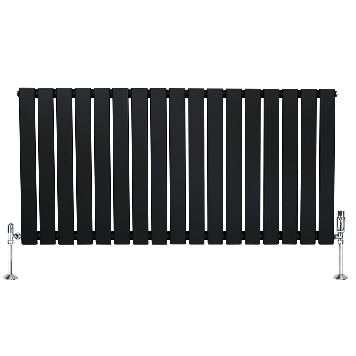 Schwarzer Flachheizkörper mit vertikalen Lamellen, 600mm x 1190mm, ausgestattet mit modernen Ventilen und stabilen Füßen aus Metall
