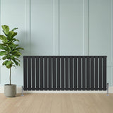 Flachheizkörper in anthrazitgrau, 600mm x 1400mm, mit vertikalen Lamellen, elegantem Design und zwei Ventilen, vor einer hellen Wand und Pflanze