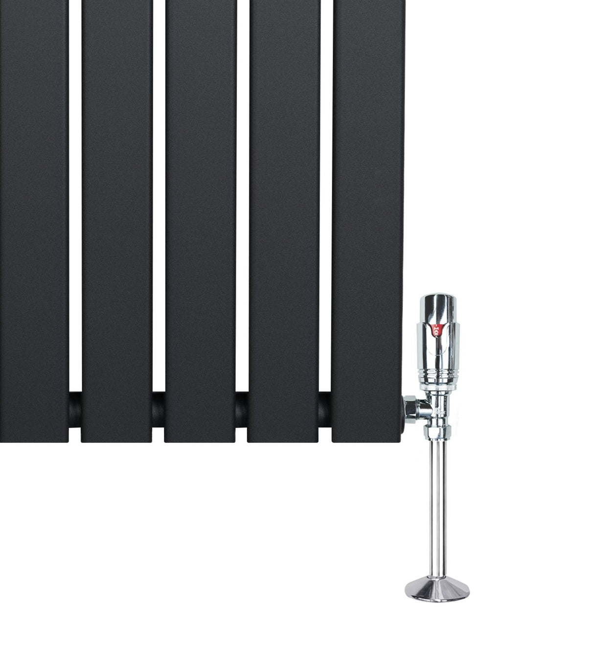 Flachheizkörper in Anthrazitgrau, 600mm x 1400mm, mit glatten, rechteckigen Lamellen und glänzendem Ventil aus Chrom, modern und elegant