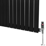 Schwarzer Flachheizkörper mit vertikalen Lamellen, 600mm x 1400mm, ausgestattet mit einem glänzenden Ventil und stabiler Basis für effiziente Wärmeverteilung