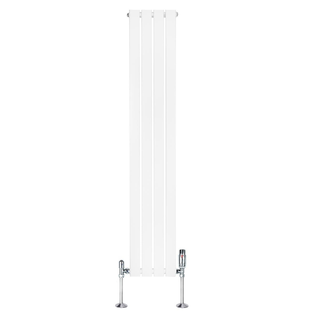 Flachheizkörper in Weiß, 1600mm x 280mm, mit glatten, vertikalen Lamellen und eleganten Ventilen, ideal für moderne Innenräume