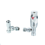 Chromatische Heizkörperventile in glänzendem Silber, mit unterschiedlichen Formen und Anschlüssen, ideal für Flachheizkörper in modernen Räumen