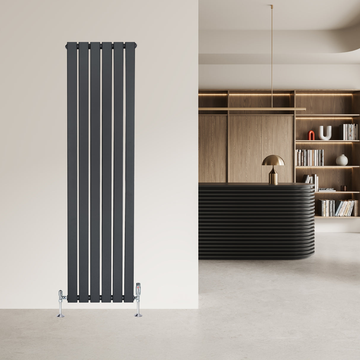 Flachheizkörper in Anthrazitgrau, 1600mm x 420mm, mit vertikalen Lamellen und eleganten Ventilen, ideal für moderne Wohnräume