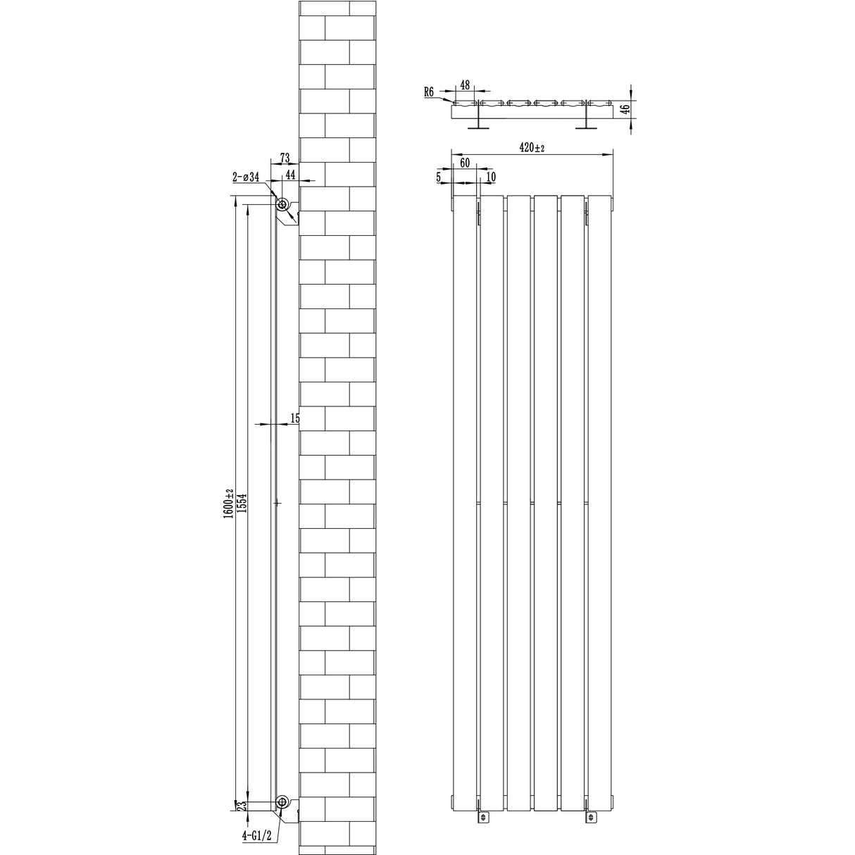 Flachheizkörper in Weiß, 1600mm x 420mm, mit schlanken vertikalen Lamellen und präzisen Maßen, ideal für moderne Innenräume