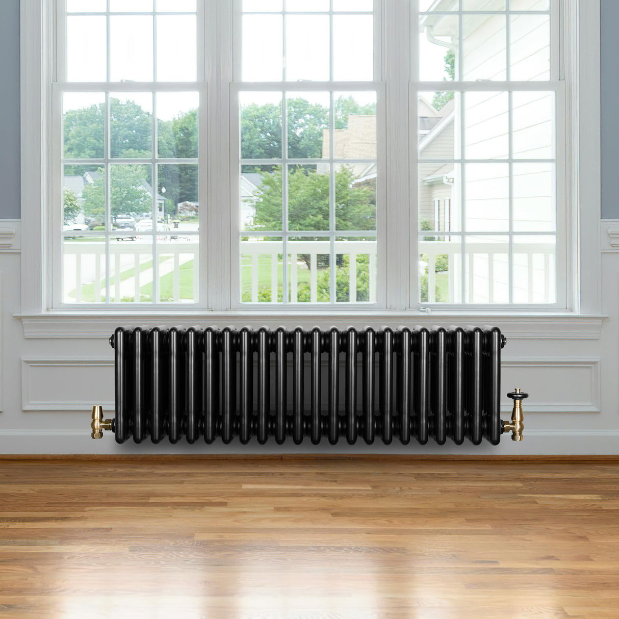 Röhrenheizkörper 4 Säulen mit TRV Chromventile – 300mm x 1010mm – Schwarz