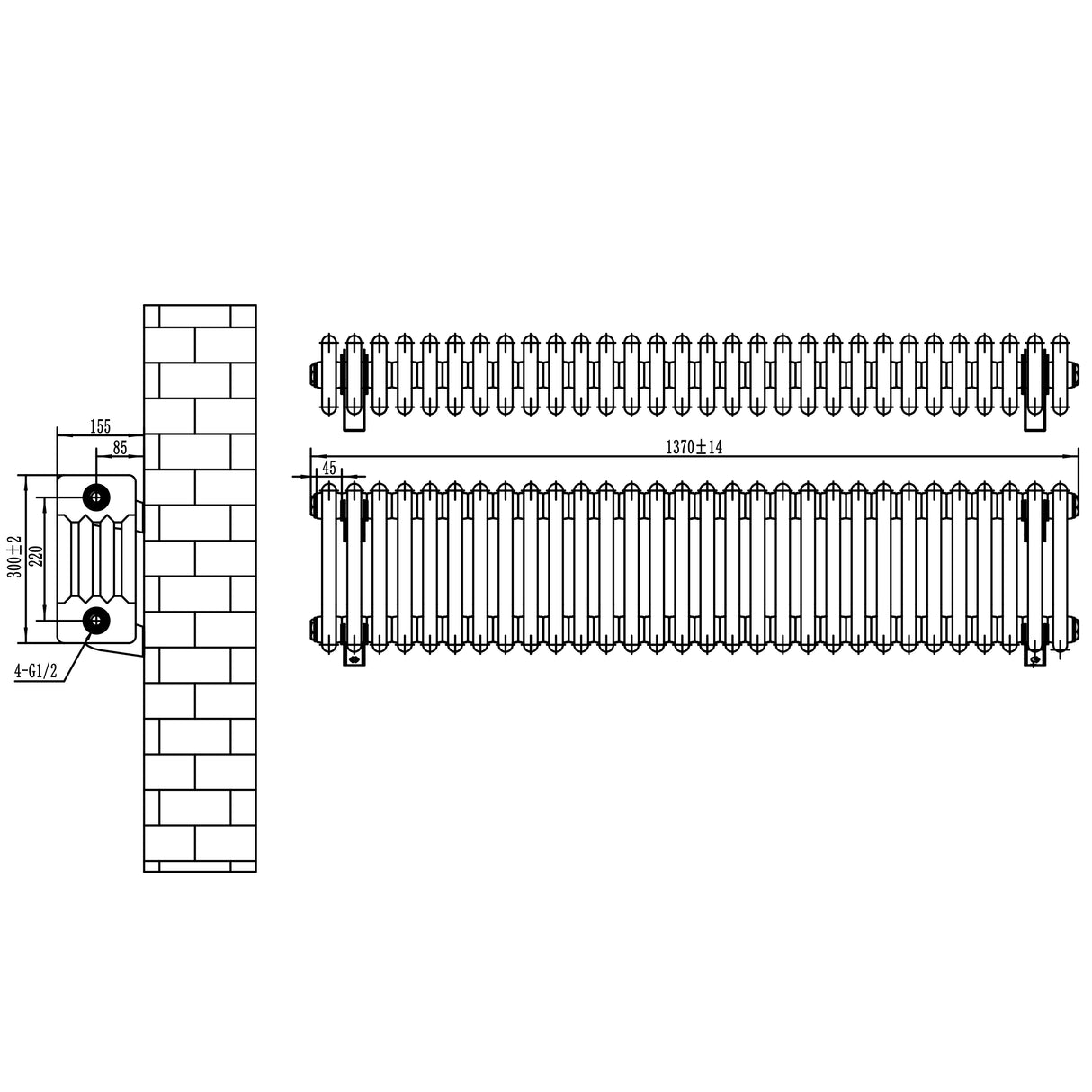 Röhrenheizkörper 4 Säulen mit TRV Chromventile – 300mm x 1370mm – Anthrazitgrau