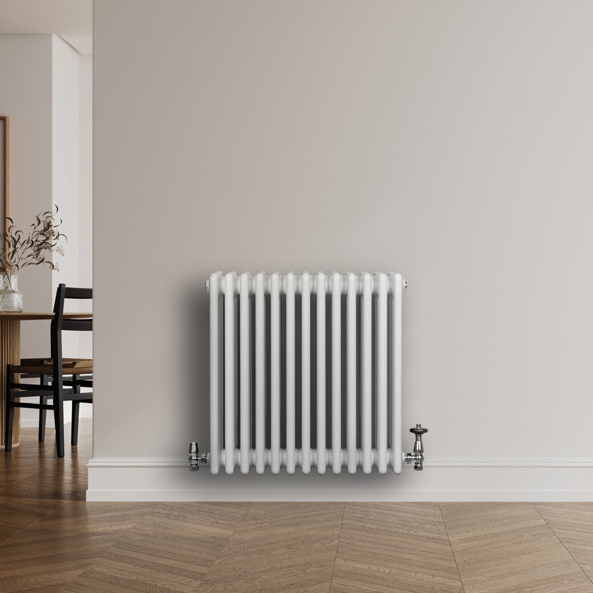 Röhrenheizkörper 4 Säulen mit TRV Chromventile – 600mm x 605mm – Weiß