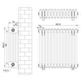 Röhrenheizkörper 4 Säulen mit TRV Chromventile – 600mm x 605mm – Weiß