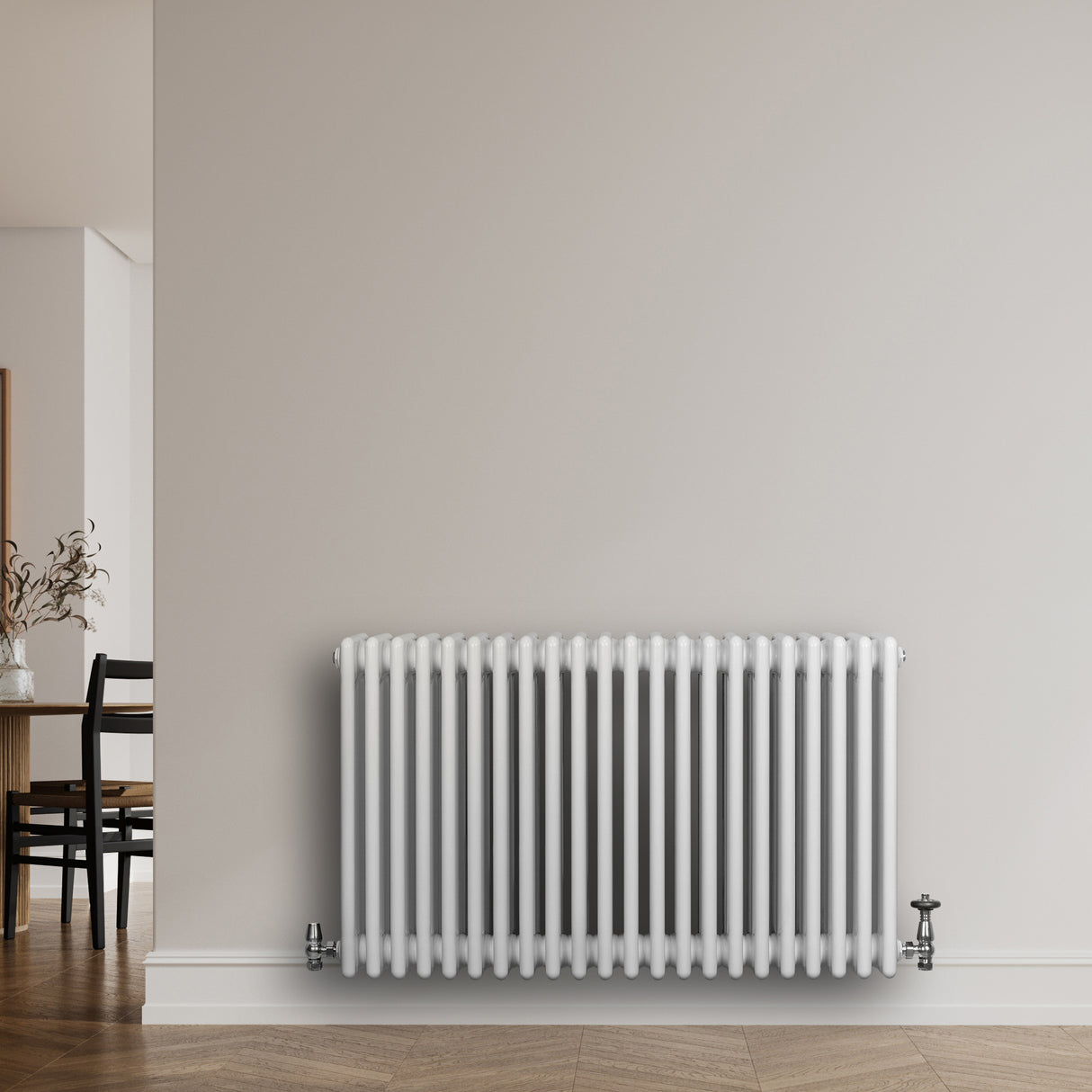 Röhrenheizkörper 4 Säulen mit TRV Chromventile – 600mm x 1010mm – Weiß