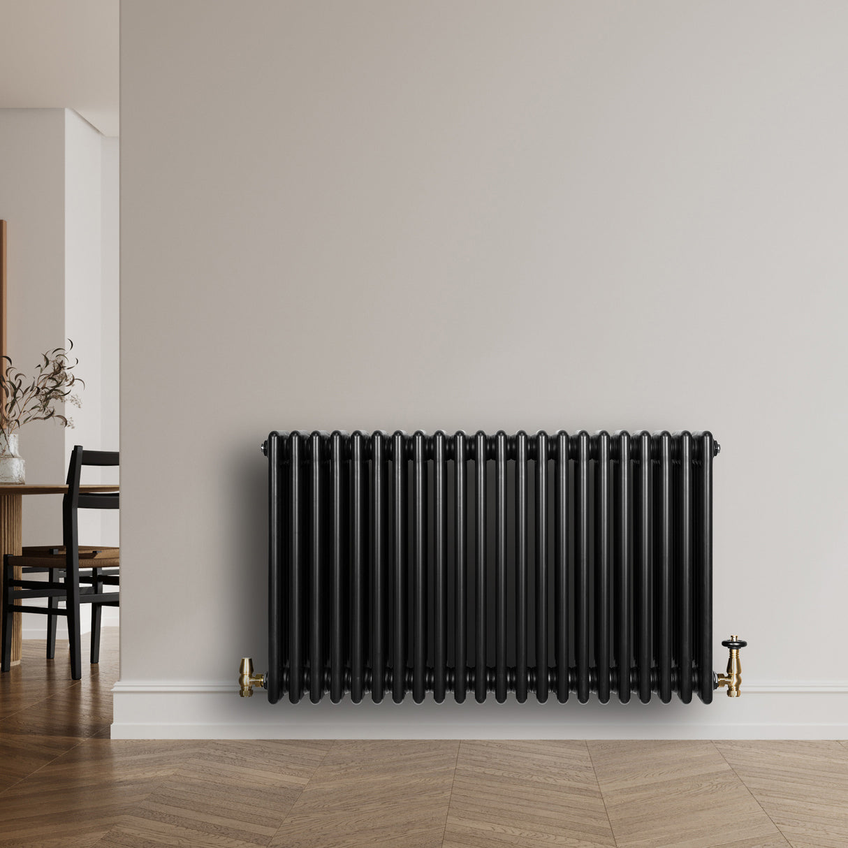 Röhrenheizkörper 4 Säulen mit TRV Chromventile – 600mm x 1010mm – Schwarz
