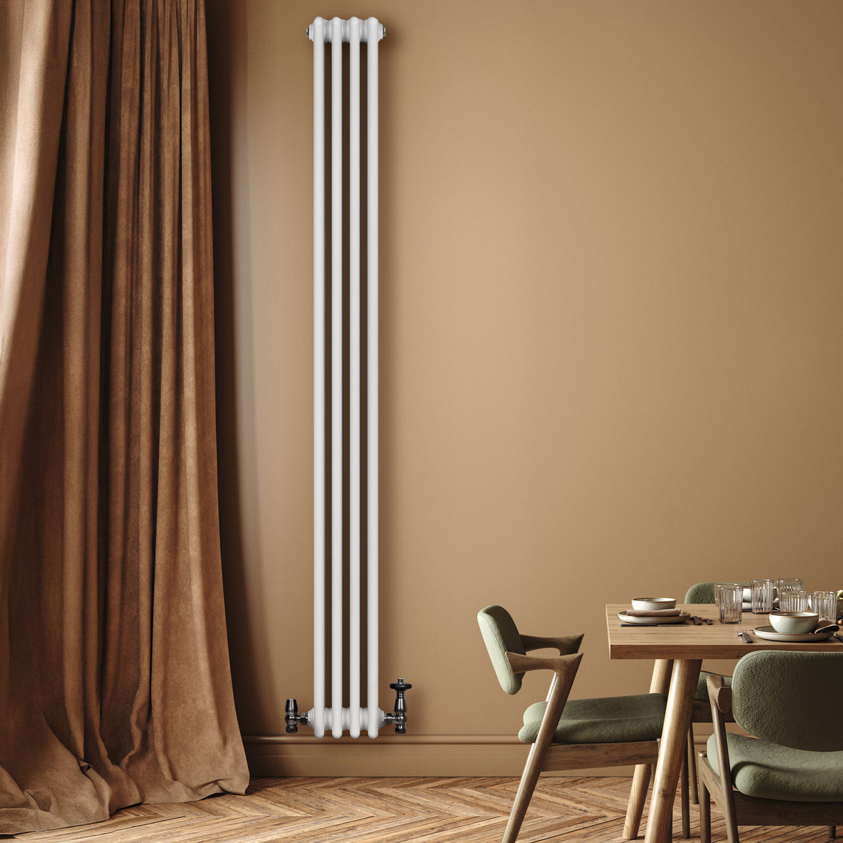 Röhrenheizkörper 4 Säulen mit TRV Chromventile – 1800mm x 200mm – Weiß