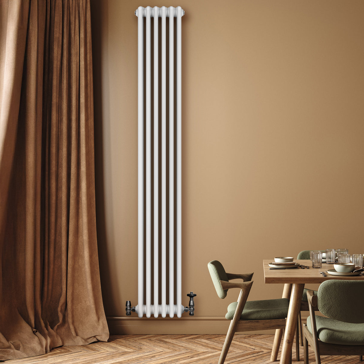 Röhrenheizkörper 4 Säulen mit TRV Chromventile – 1800mm x 290mm – Weiß