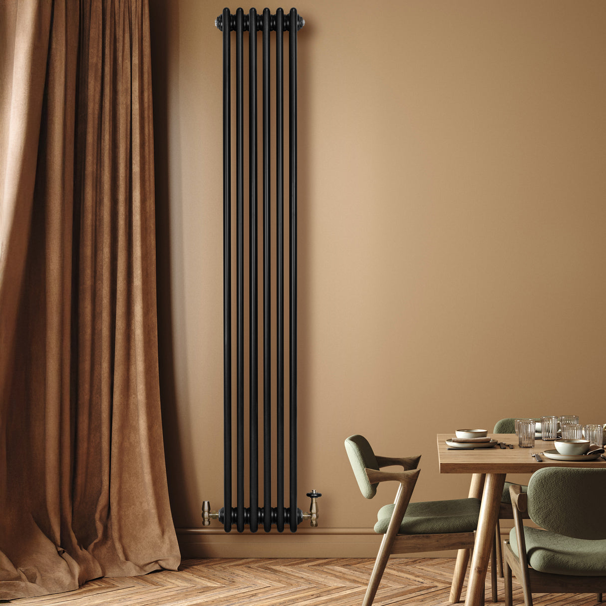 Röhrenheizkörper 4 Säulen mit TRV Chromventile – 1800mm x 290mm – Schwarz