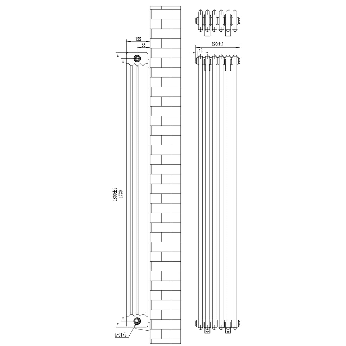 Röhrenheizkörper 4 Säulen mit TRV Chromventile – 1800mm x 290mm – Schwarz