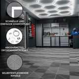 Graue belüftete Garagenbodenfliesen mit sechseckigen LED-Leuchten, modernem Design, strukturierten Oberflächen und abgehängtem Deckenmontageset