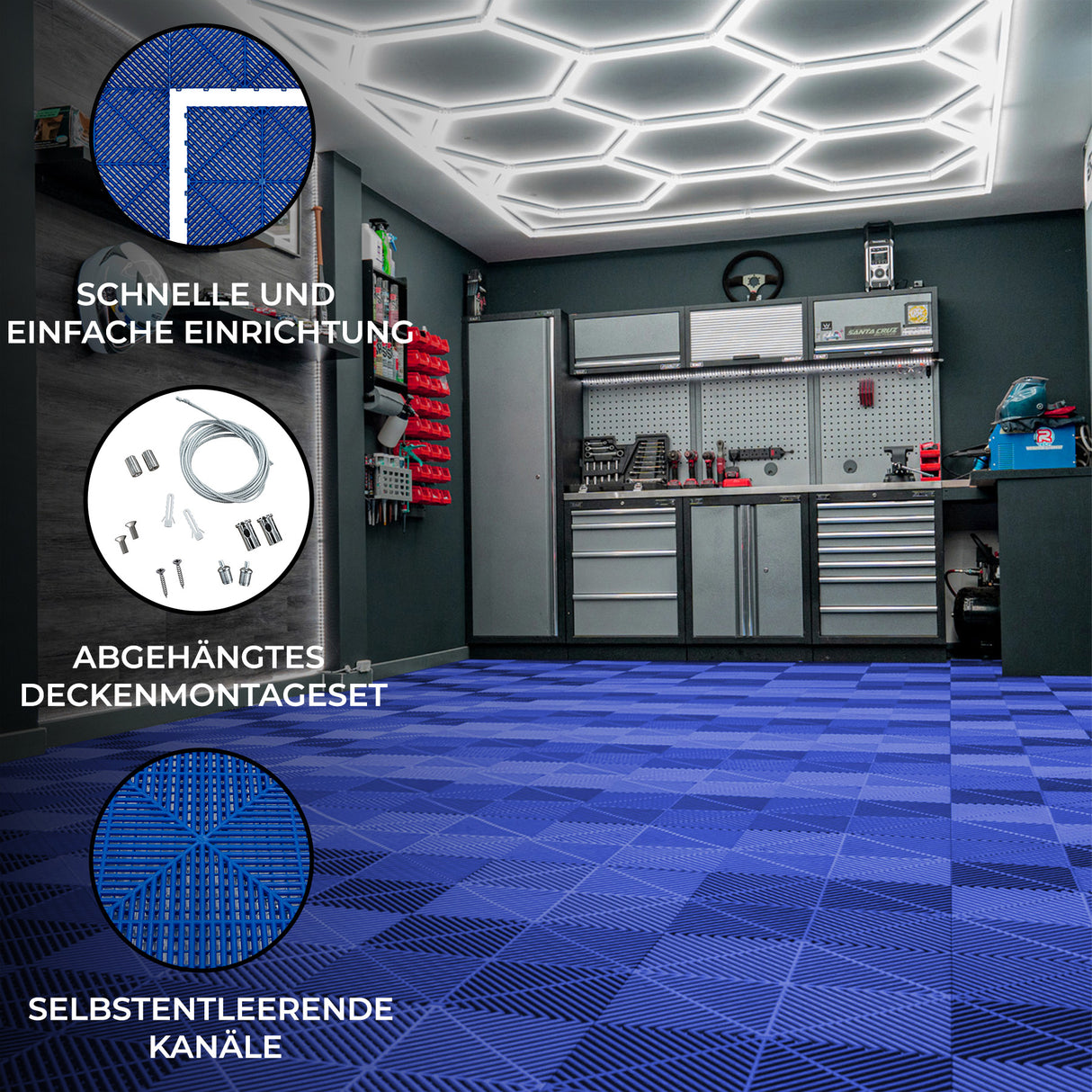 Sechseckige, blaue LED-beleuchtete Garagenbodenfliesen mit Kantenschutz, strukturierte Oberfläche und belüfteten Kanälen für optimale Luftzirkulation