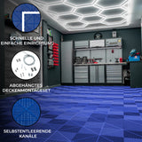 Sechseckige, blaue LED-beleuchtete Garagenbodenfliesen mit Kantenschutz, strukturierte Oberfläche und belüfteten Kanälen für optimale Luftzirkulation