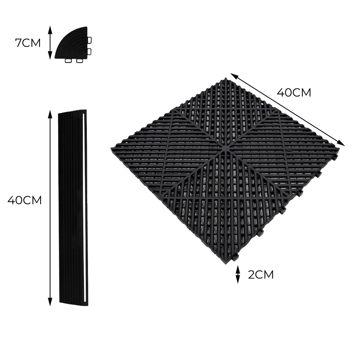 Belüftete Garagenbodenfliesen in Schwarz und Grau, sechseckige LED-Leuchten, strukturiertes Design, 40x40 cm, mit Kanten für einfache Montage