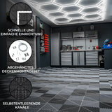 Sechseckige Garagenbodenfliesen in Schwarz und Grau, mit rutschfester Oberfläche und belüfteten Kanälen für optimale Luftzirkulation