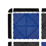 Sechseckige Garagenbodenfliesen in Schwarz und Blau, belüftet mit einem strukturierten Muster, inklusive Kantenschutz für einfache Verlegung