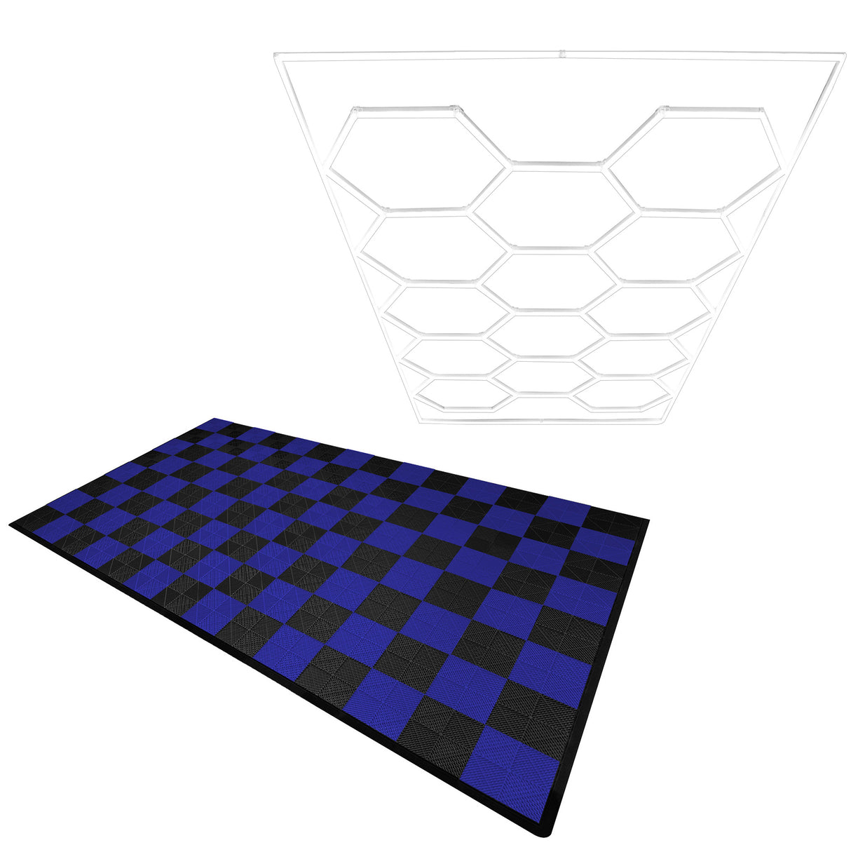 Sechseckige Garagenbodenfliesen in Schwarz und Blau, mit strukturiertem Oberflächenmaterial und Kantenschutz für optimale Belüftung und Stabilität