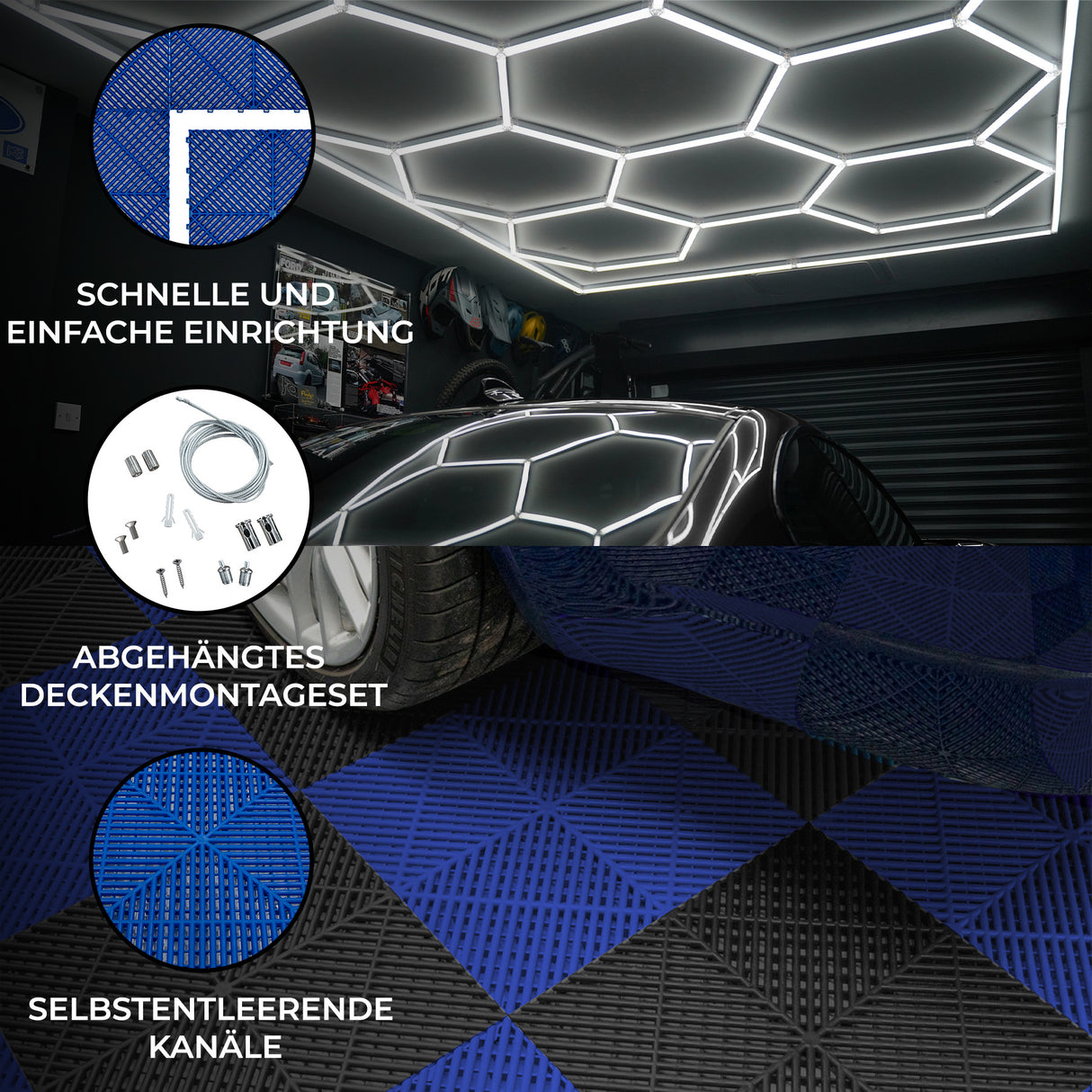 Sechseckige, schwarze und blaue LED-Garagenbodenfliesen mit Kantenschutz, strukturiert und belüftet, ideal für eine moderne Garage