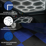 Sechseckige, schwarze und blaue LED-Garagenbodenfliesen mit Kantenschutz, strukturiert und belüftet, ideal für eine moderne Garage