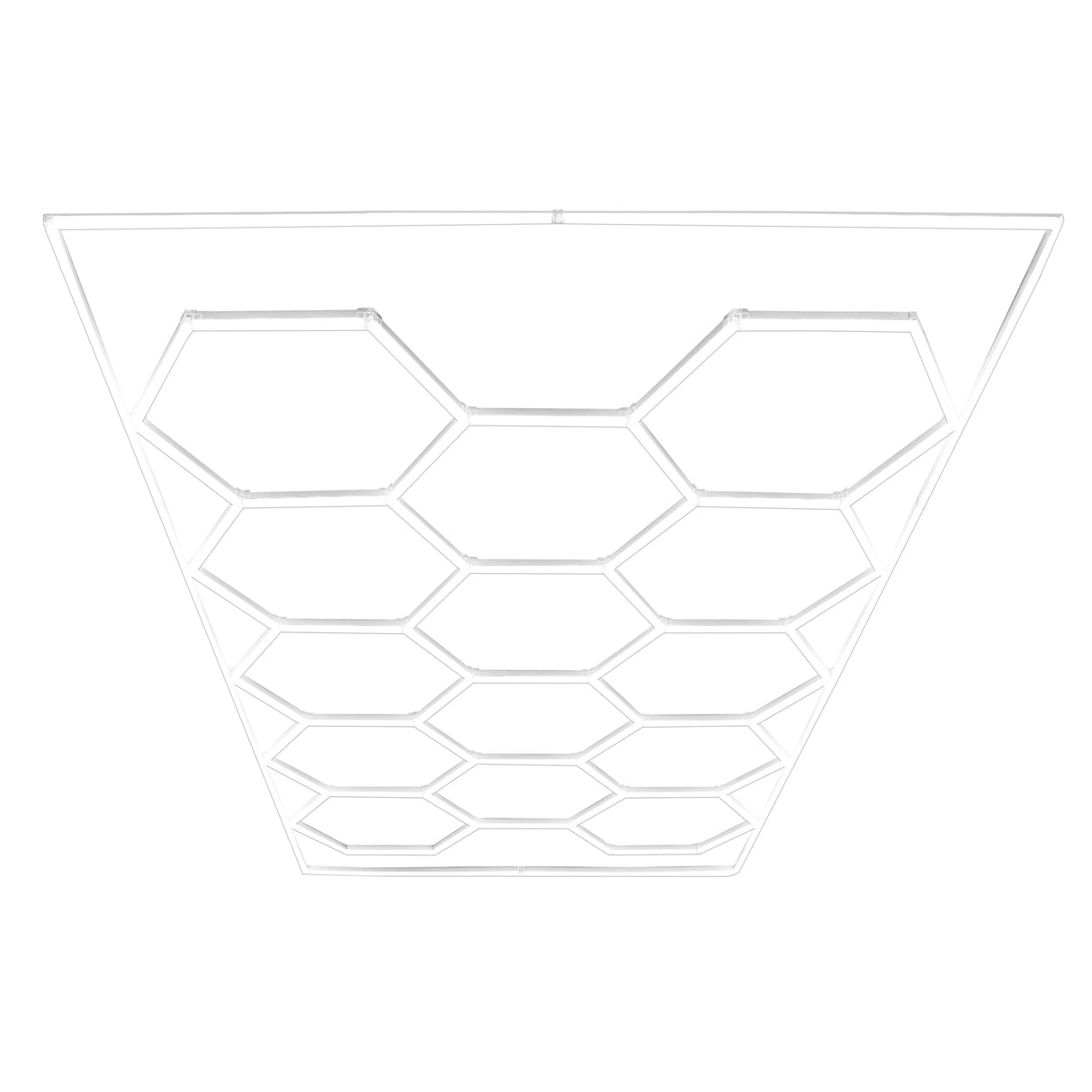 Sechseckige LED-Leuchte in Weiß, mit einem modernen, schwebenden Design und klaren Kanten, ideal für Garagenbodenfliesen in Grau und Blau