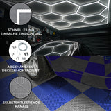 Sechseckige, graue und blaue LED-beleuchtete Garagenbodenfliesen mit Kantenschutz, strukturiert und belüftet, ideal für eine moderne Garage