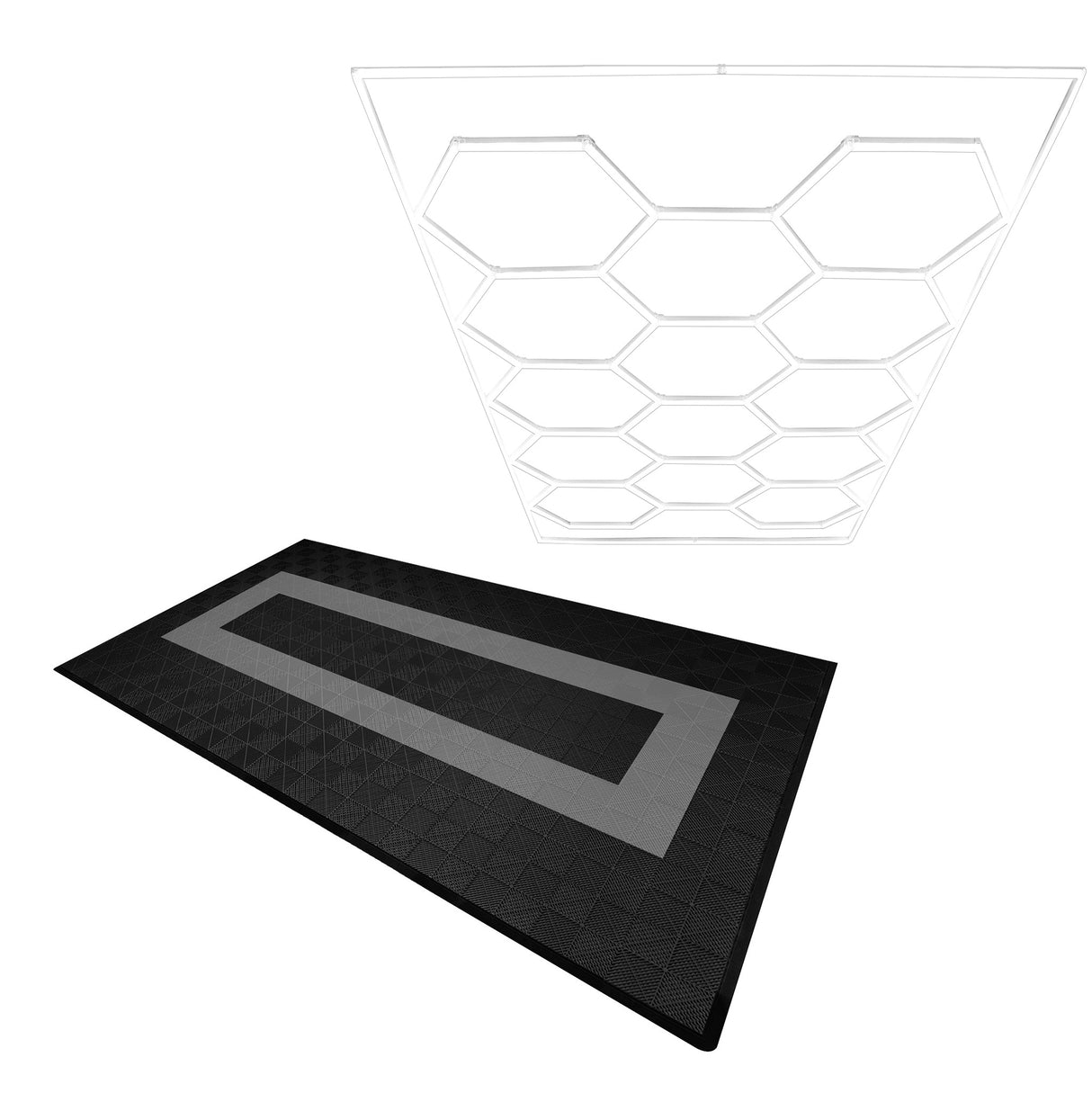 Belüftete Garagenbodenfliesen und sechseckige LED-Leuchten 90 Schwarze x 30 Graue - mit Kanten