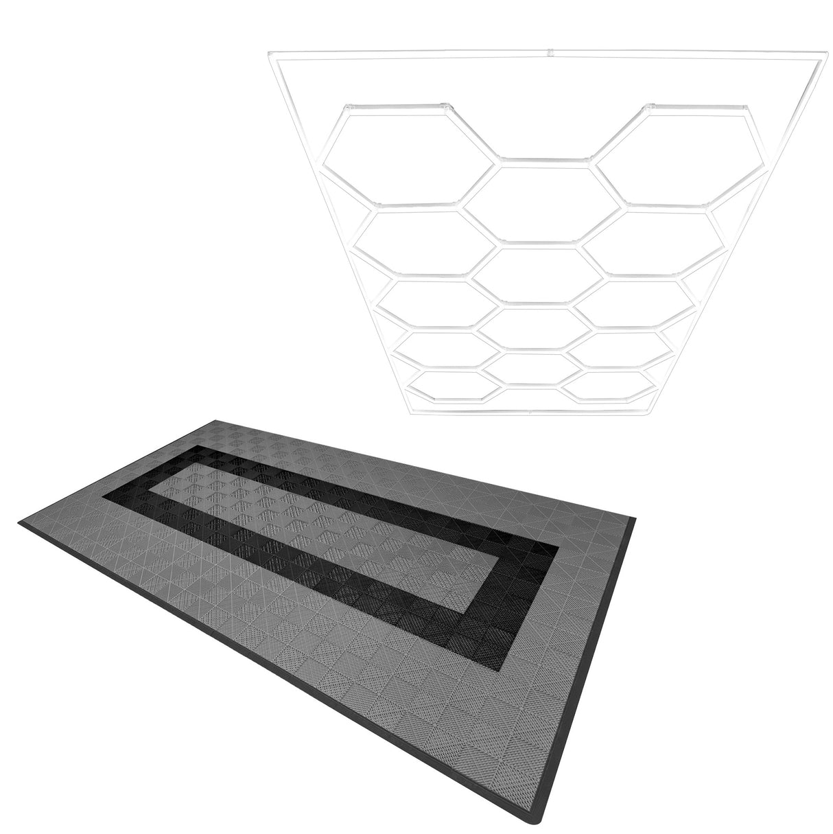 Belüftete Garagenbodenfliesen und sechseckige LED-Leuchten 90 Graue x 30 Schwarze - mit Kanten