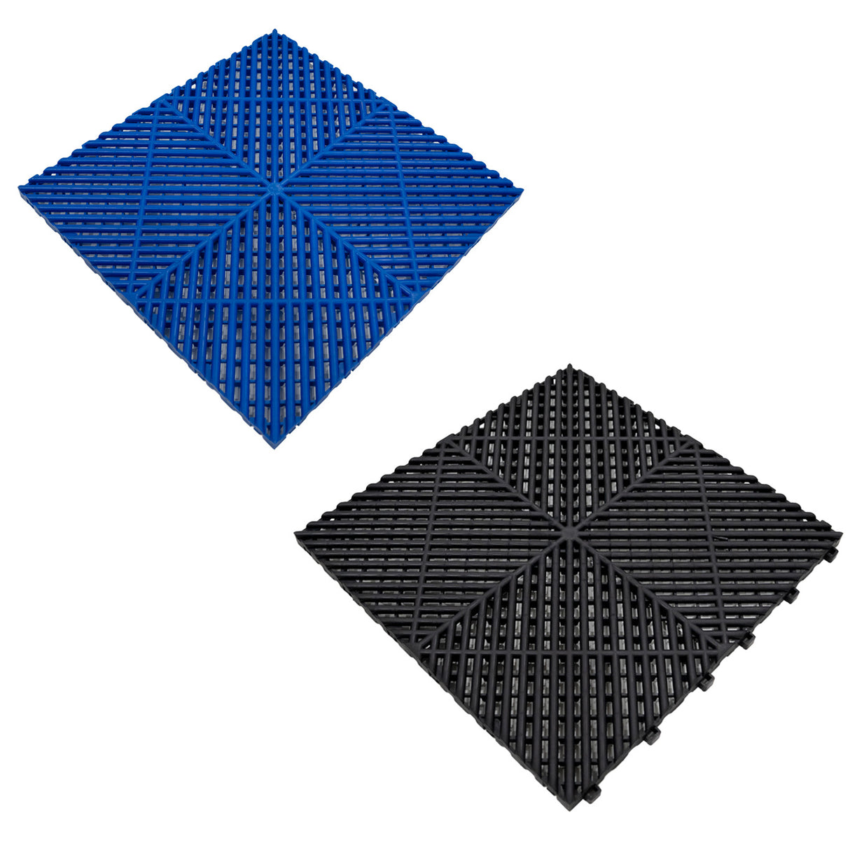 Belüftete Garagenbodenfliesen und sechseckige LED-Leuchten 90 Blaue x 30 Schwarze - mit Kanten