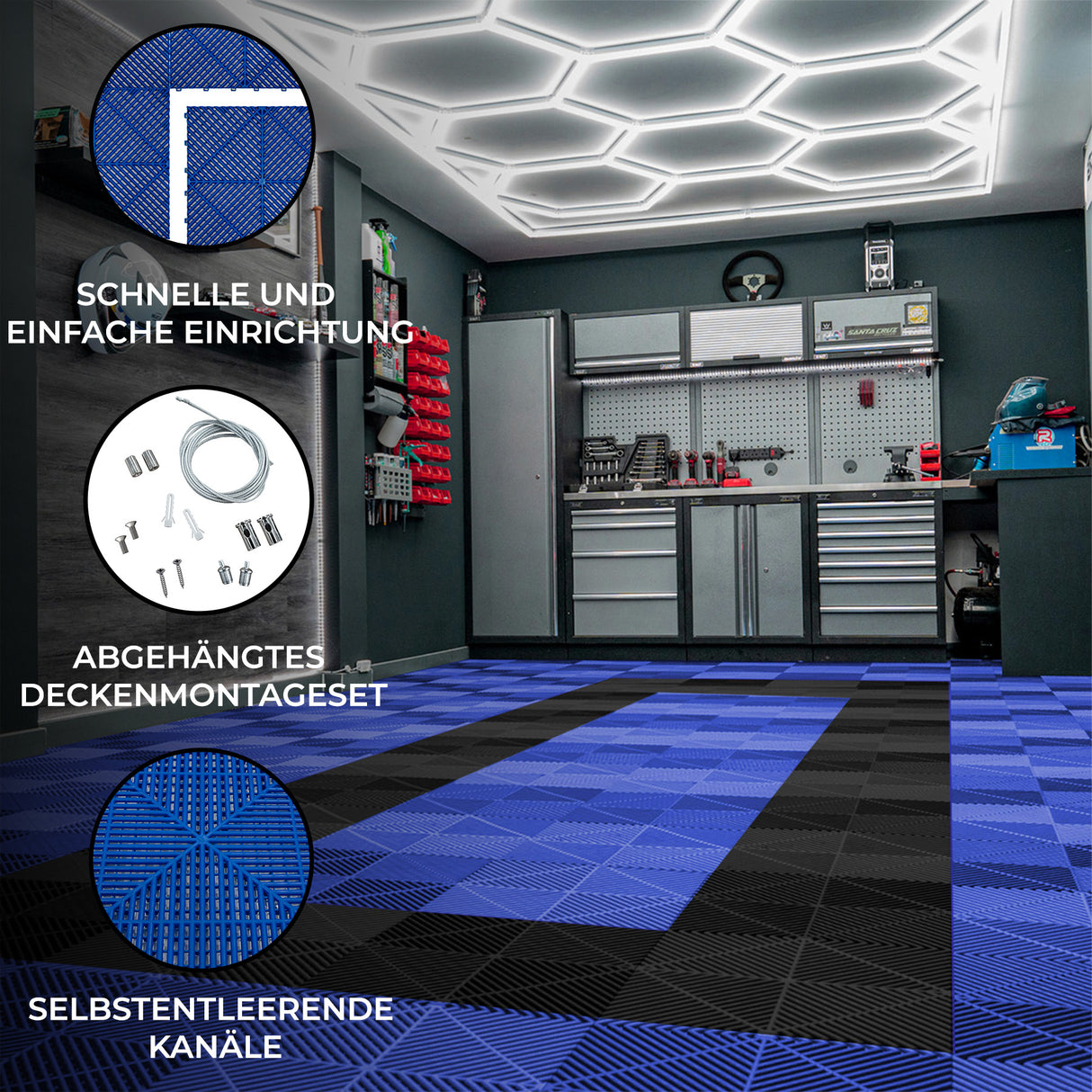 Belüftete Garagenbodenfliesen und sechseckige LED-Leuchten 90 Blaue x 30 Schwarze - mit Kanten