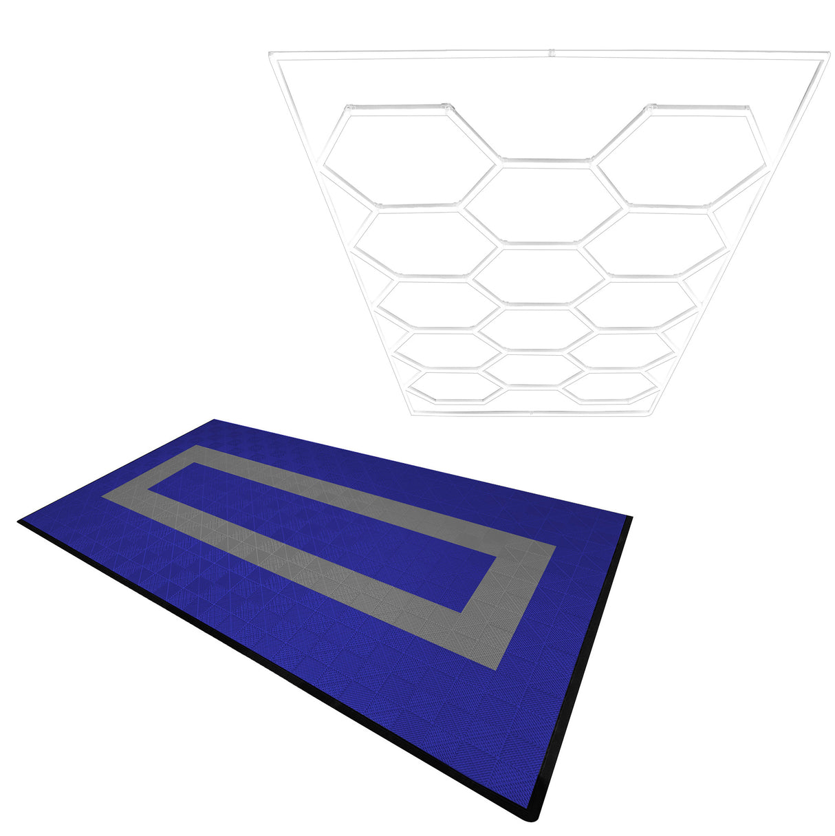 Belüftete Garagenbodenfliesen und sechseckige LED-Leuchten 90 Blaue x 30 Graue - mit Kanten