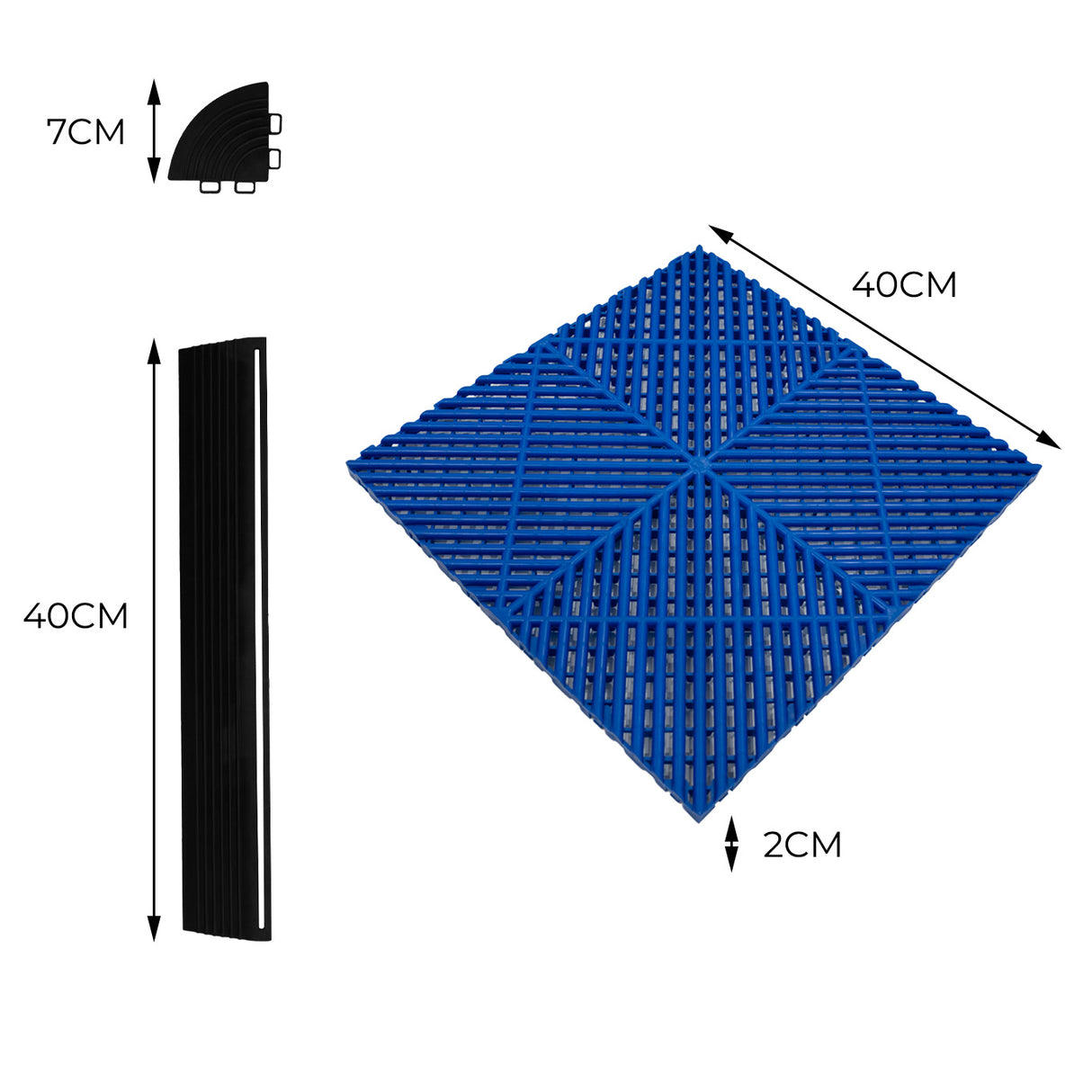 Belüftete Garagenbodenfliesen und sechseckige LED-Leuchten 90 Blaue x 30 Graue - mit Kanten