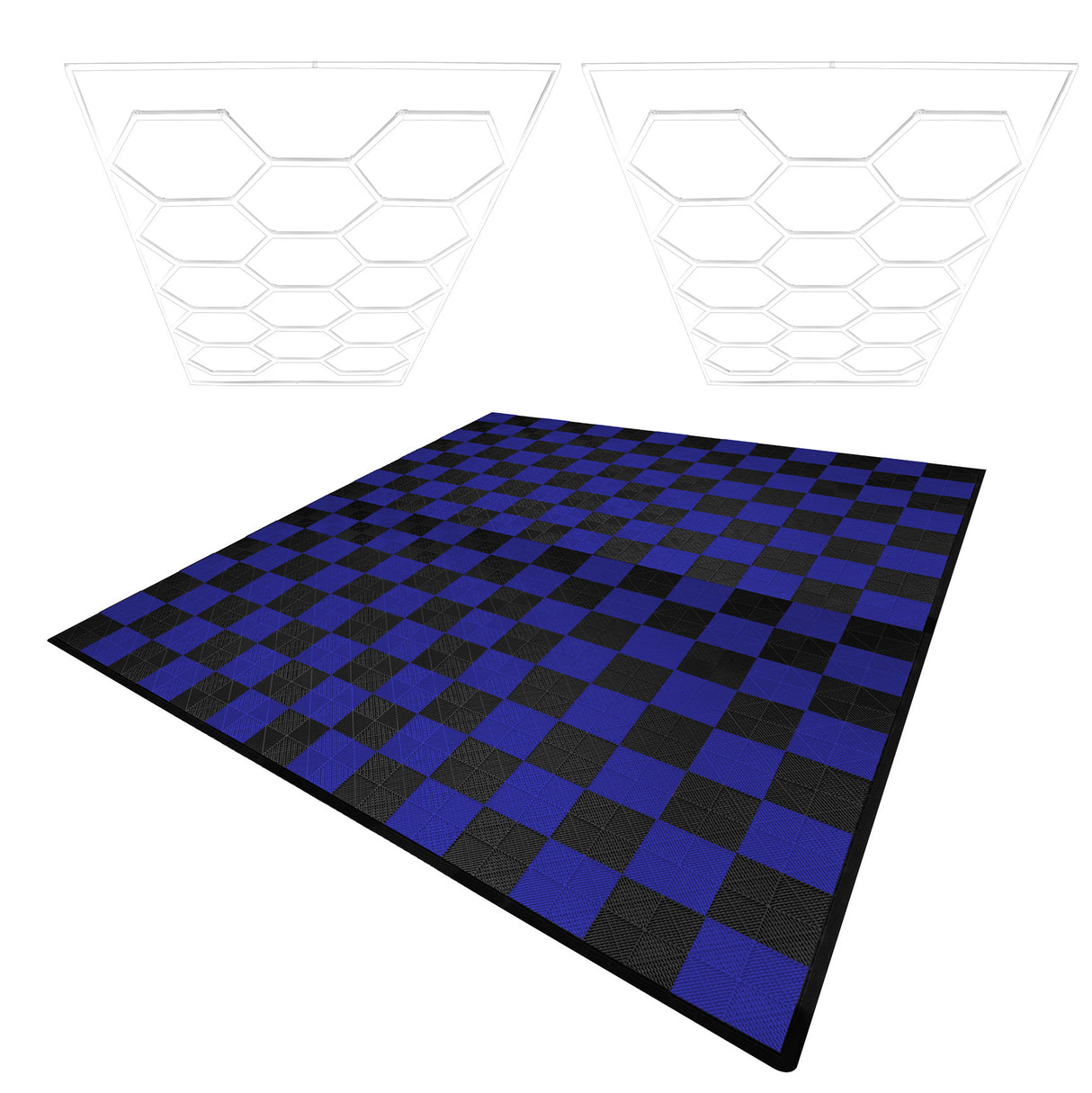 Belüftete Garagenbodenfliesen und sechseckige LED-Leuchten x 120 Schwarz 120 Blau mit Kanten