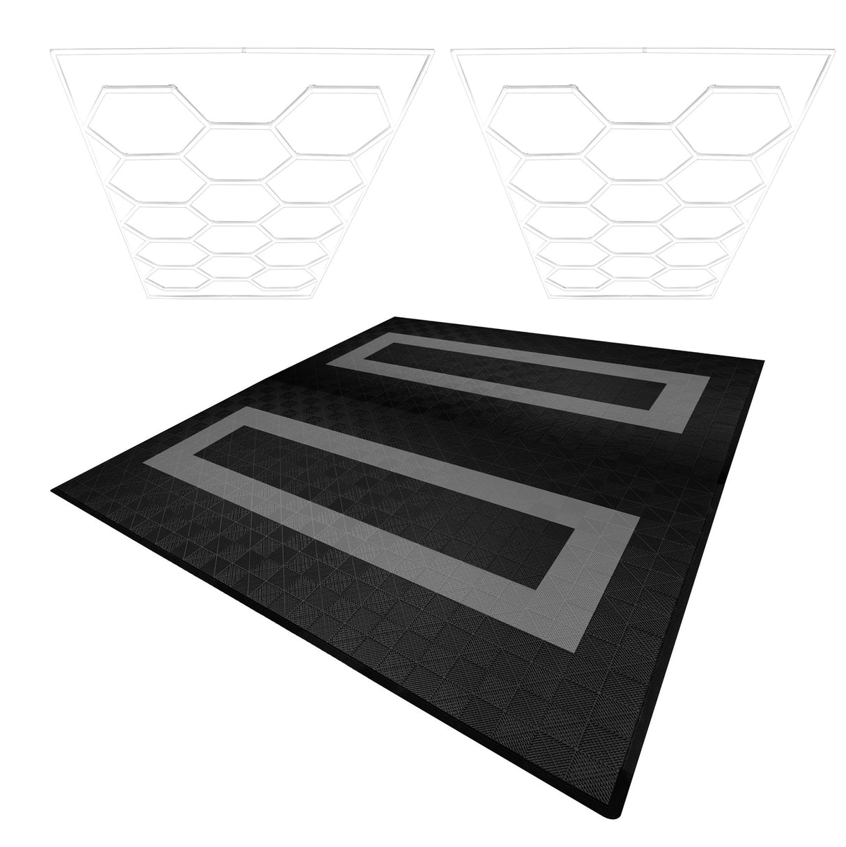 Belüftete Garagenbodenfliesen und sechseckige LED-Leuchten x 165 Schwarz 60 Grau mit Kanten