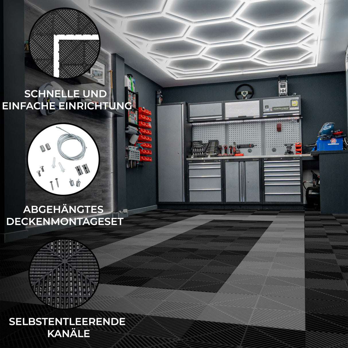 Belüftete Garagenbodenfliesen und sechseckige LED-Leuchten x 165 Schwarz 60 Grau mit Kanten