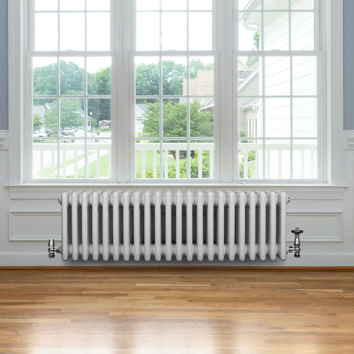 Röhrenheizkörper 4 Säulen mit TRV Chromventile – 300mm x 1010mm – Weiß