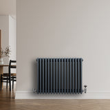 Röhrenheizkörper mit 4 Säulen in Anthrazitgrau, 600mm x 785mm, an einer hellen Wand, mit glatter Oberfläche und modernen, eleganten Linien
