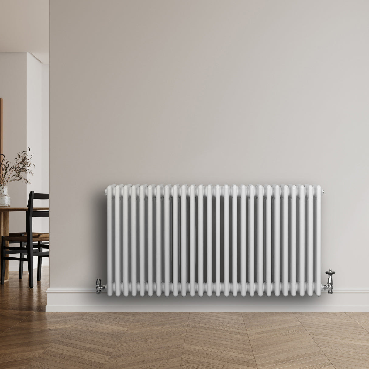 Röhrenheizkörper mit 4 Säulen in Weiß, 600mm x 1190mm, glänzende Oberfläche, vertikale Röhren, modern im minimalistischen Raumdesign