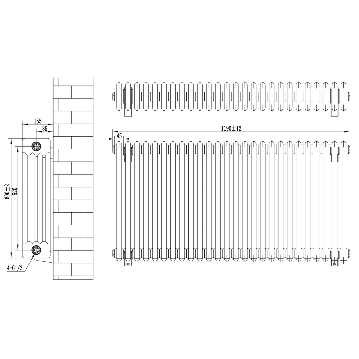 Röhrenheizkörper mit 4 Säulen in Weiß, 600mm x 1190mm, zeigt klare Linien, glatte Oberfläche und funktionales Design für effiziente Wärmeverteilung