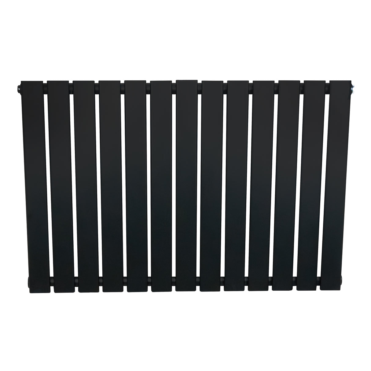 Flachheizkörper in elegantem Schwarz, 600mm x 910mm, mit vertikalen Lamellen und glatter, mattschwarzer Oberfläche für moderne Innenräume