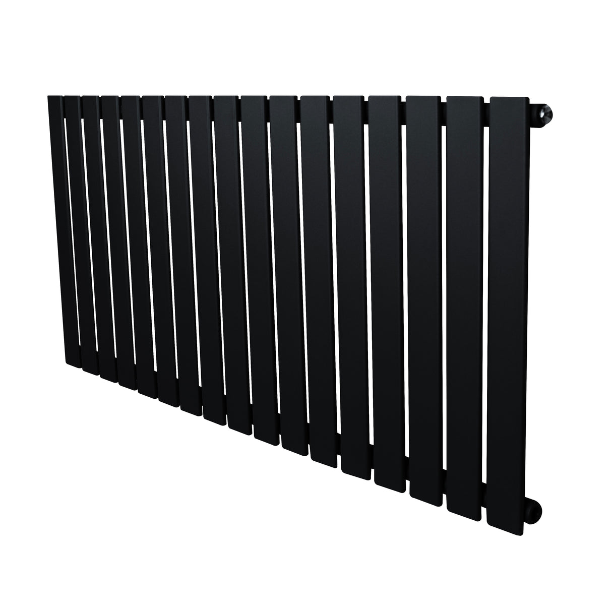 Flachheizkörper in Schwarz, 600mm x 1190mm, mit schlanken, vertikalen Lamellen und mattem Finish, ideal für moderne Wohnräume
