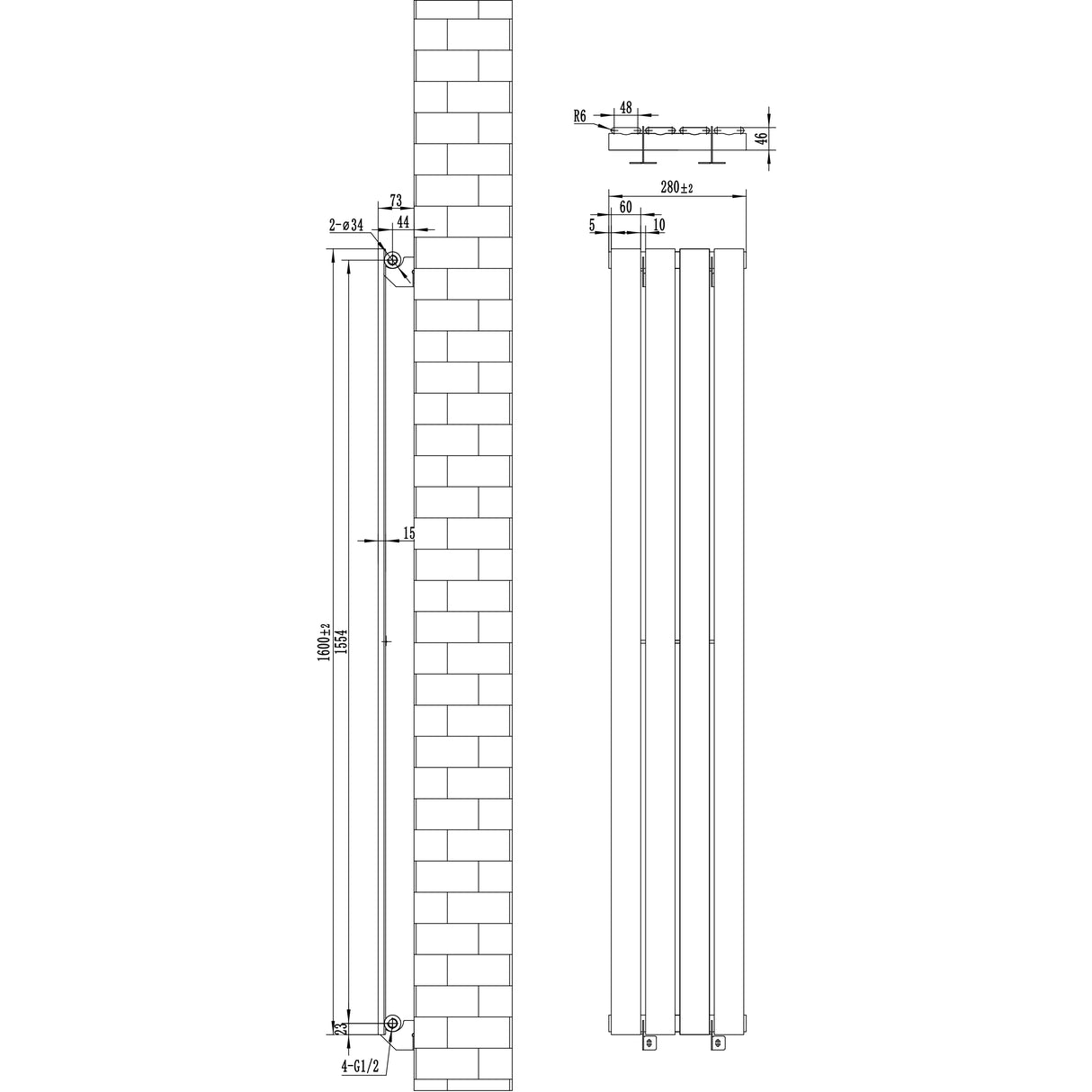 Flachheizkörper in Weiß, 1600mm x 280mm, mit schlankem Design und klaren Linien, ideal für moderne Innenräume und effiziente Wärmeverteilung